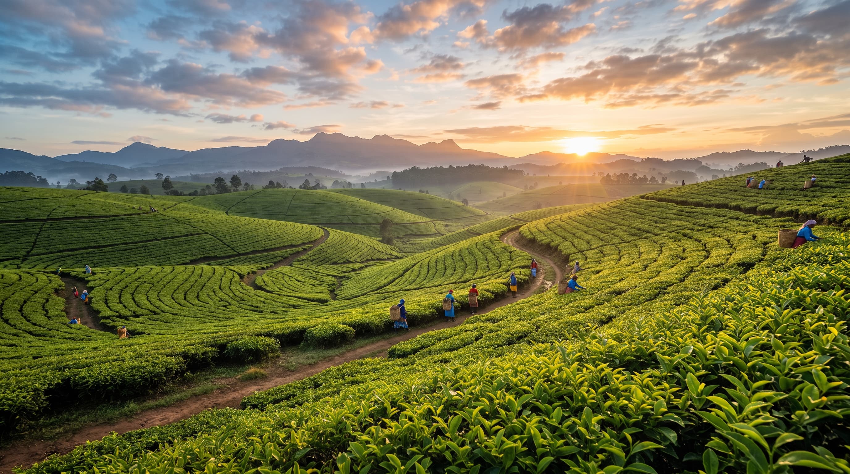 Lush green tea plantations in the highlands of Kenya