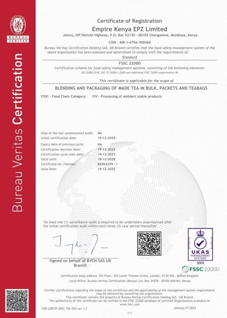 Empire Kenya EPZ Ltd Achieves FSSC 22000 Certification for Food Safety Excellence